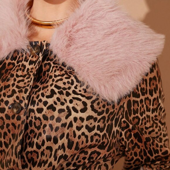 Coffee Brown Casual Women's Fluffy Leopard Party Jacket - Picture 6 of 8